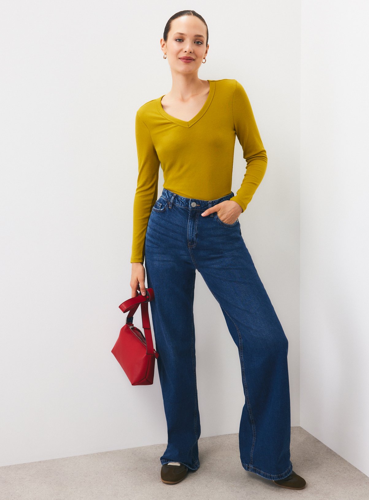 Dark Yellow Deep V-Neck Ribbed Long Sleeve Top 8 - Image 2 thumbnail